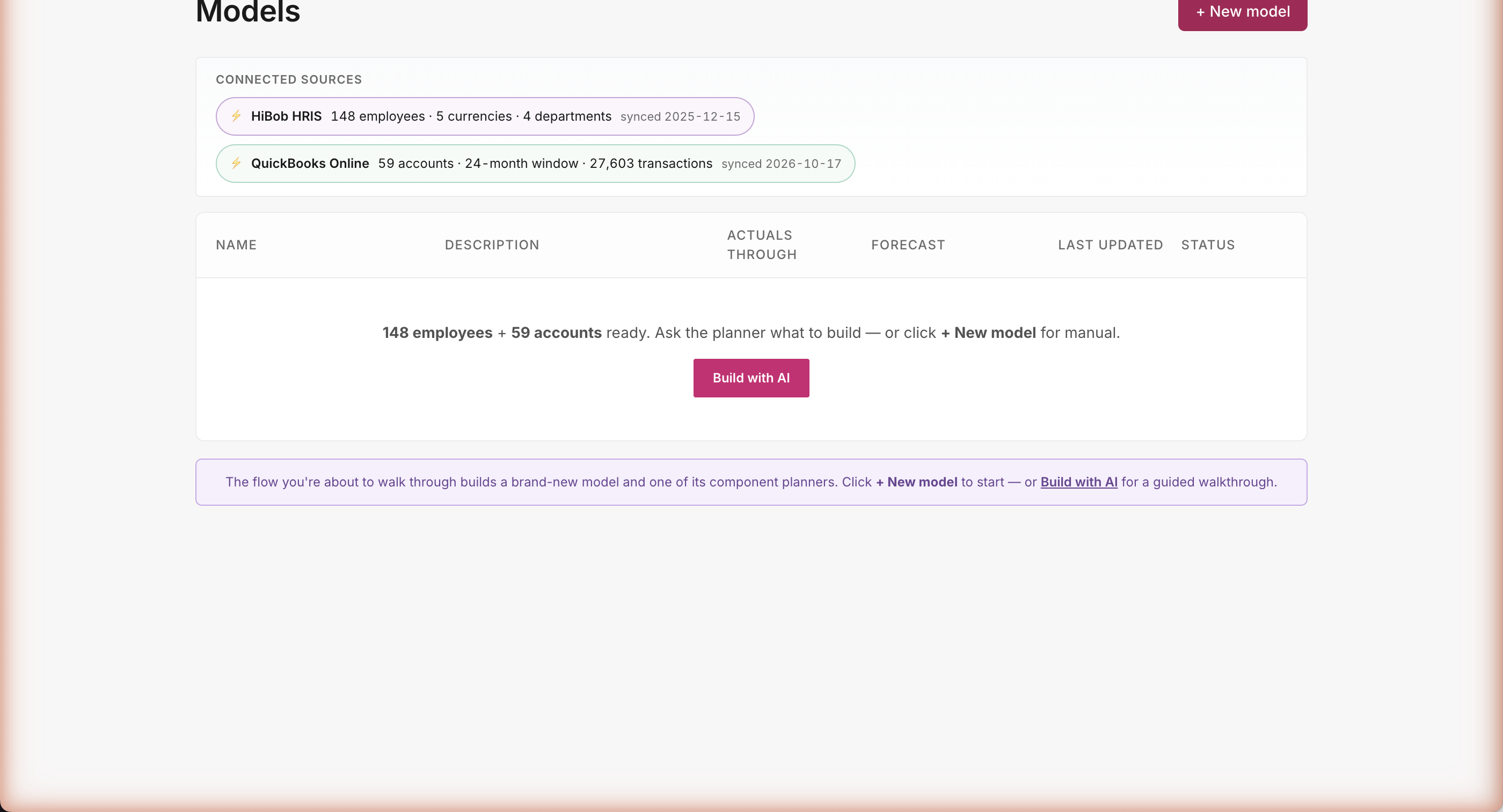 Models list with HiBob HRIS and QuickBooks Online connector chips loaded; empty model list with Build with AI button