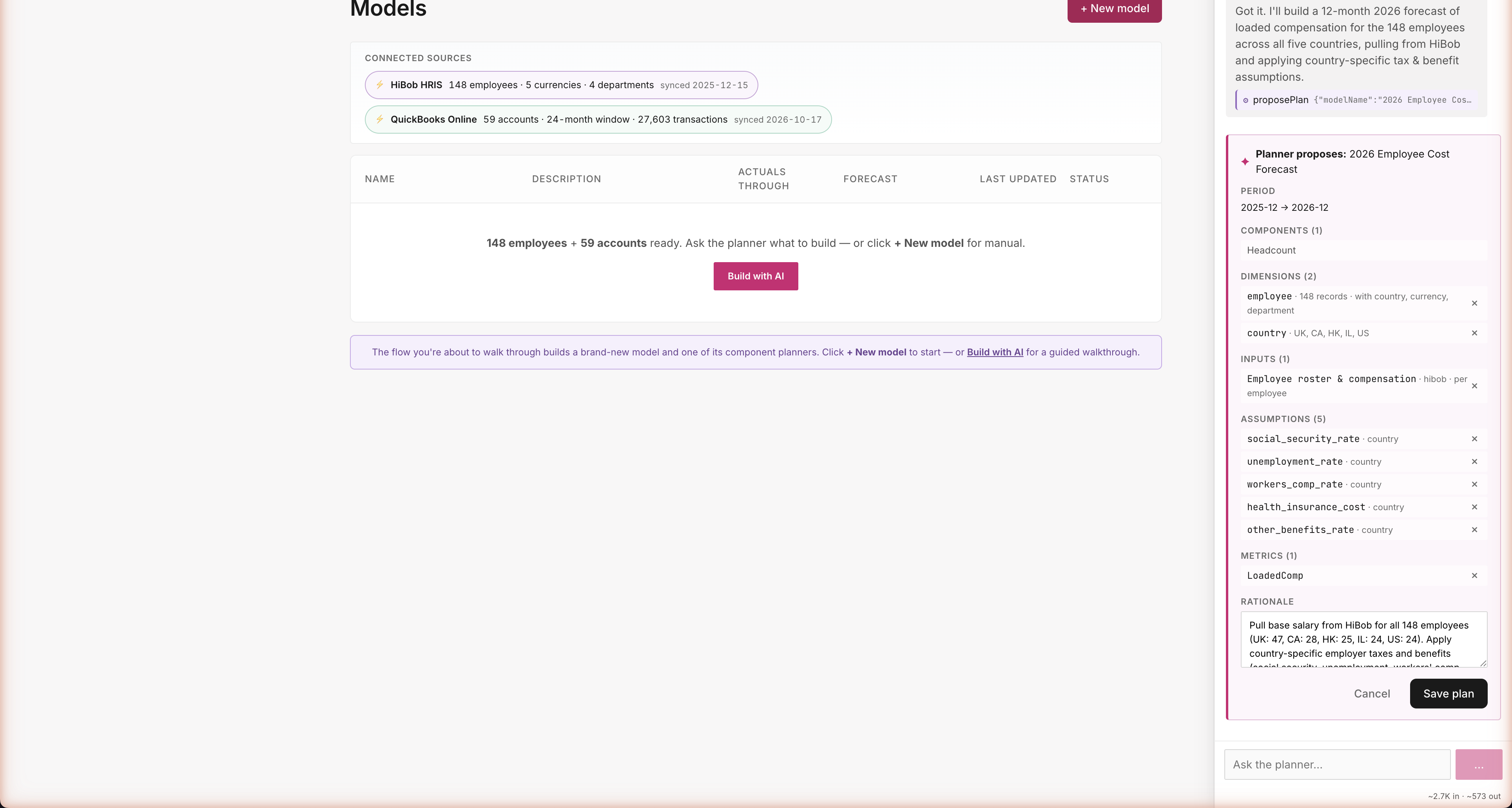 PlanCard in modify mode after dropping pension_match_rate; assumptions count went from 6 to 5 with × icons next to each remaining row