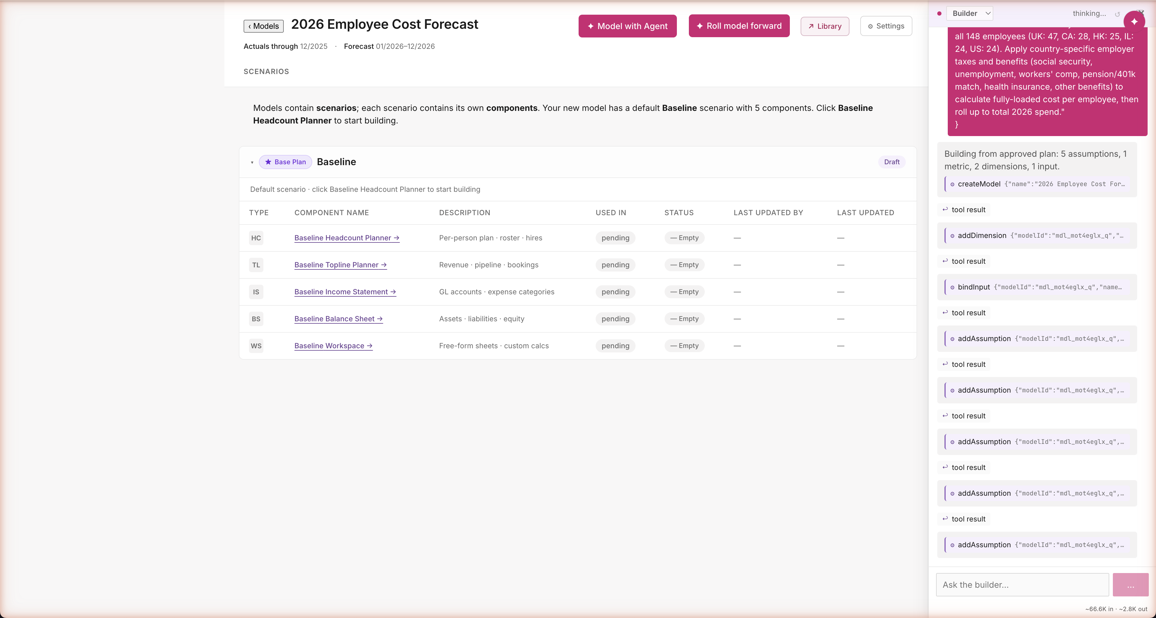 Builder mid-flight: model created (2026 Employee Cost Forecast) with 5 component planners; chat drawer streams createModel, addDimension, bindInput, addAssumption, addMetric calls