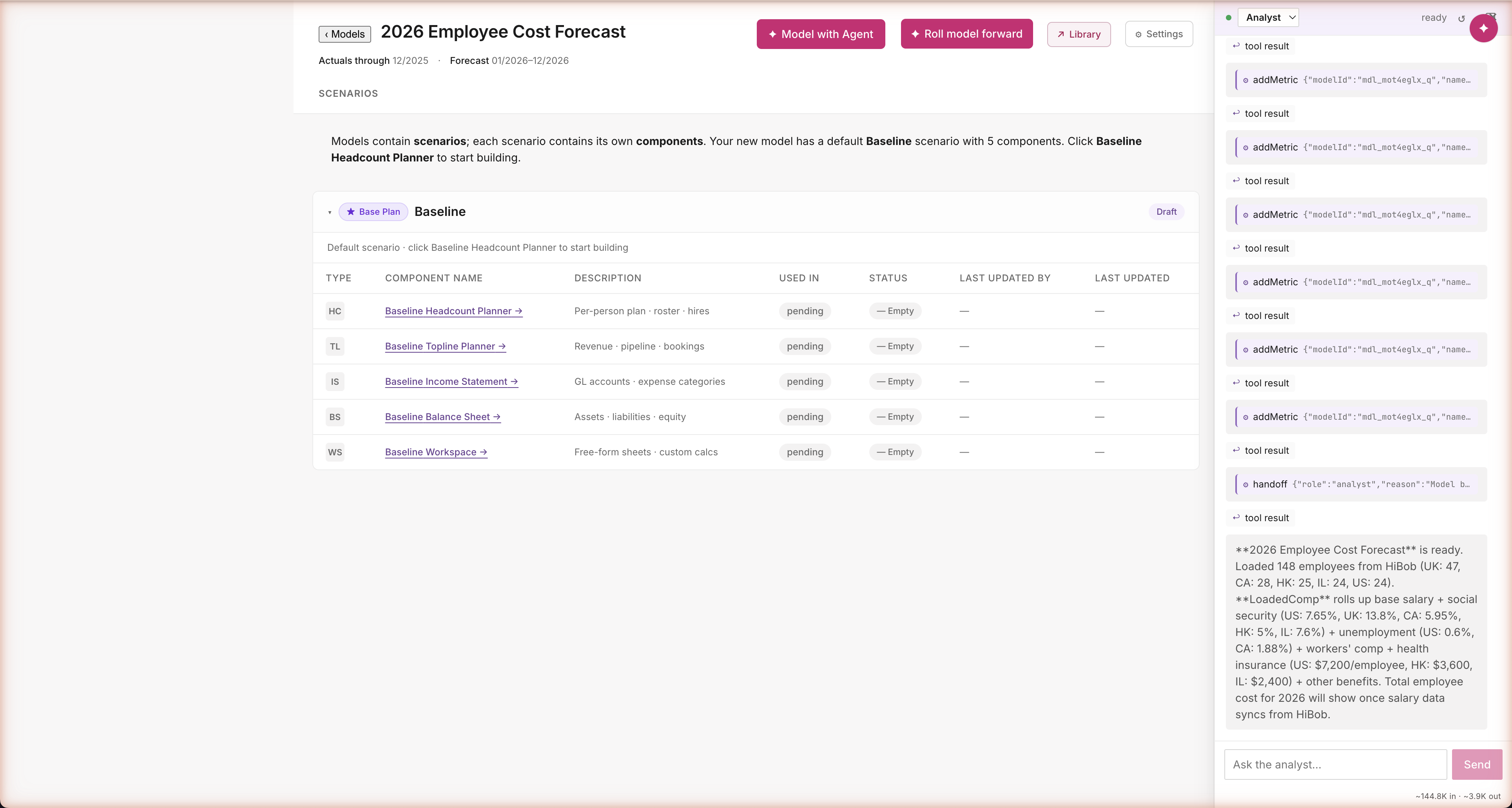 Analyst closing narration: '2026 Employee Cost Forecast is ready. Loaded 148 employees from HiBob (UK: 47, CA: 28, HK: 25, IL: 24, US: 24).' followed by per-country rate breakdown