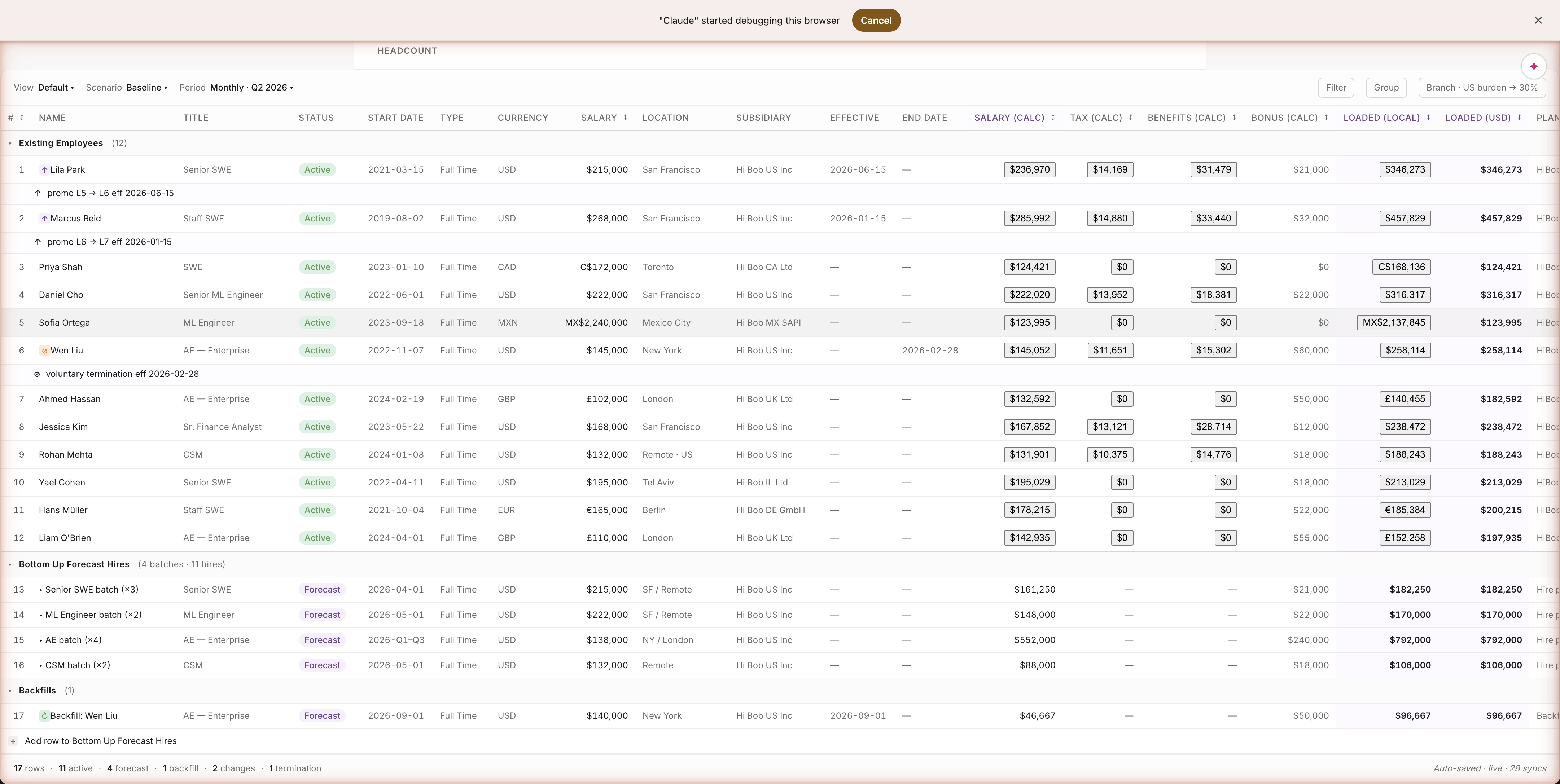 Baseline Headcount Planner sheet for Headcount FY26 — 12 employees across USD/CAD/MXN/GBP/EUR with computed Salary (calc), Tax (calc), Benefits (calc), and Loaded comp local + USD; e.g. Lila Park $346,211, Marcus Reid $457,829, Priya Shah CA$168,136 → $124,421, Sofia Ortega MX$2,137,845 → $123,995, Ahmed Hassan £140,455 → $182,592