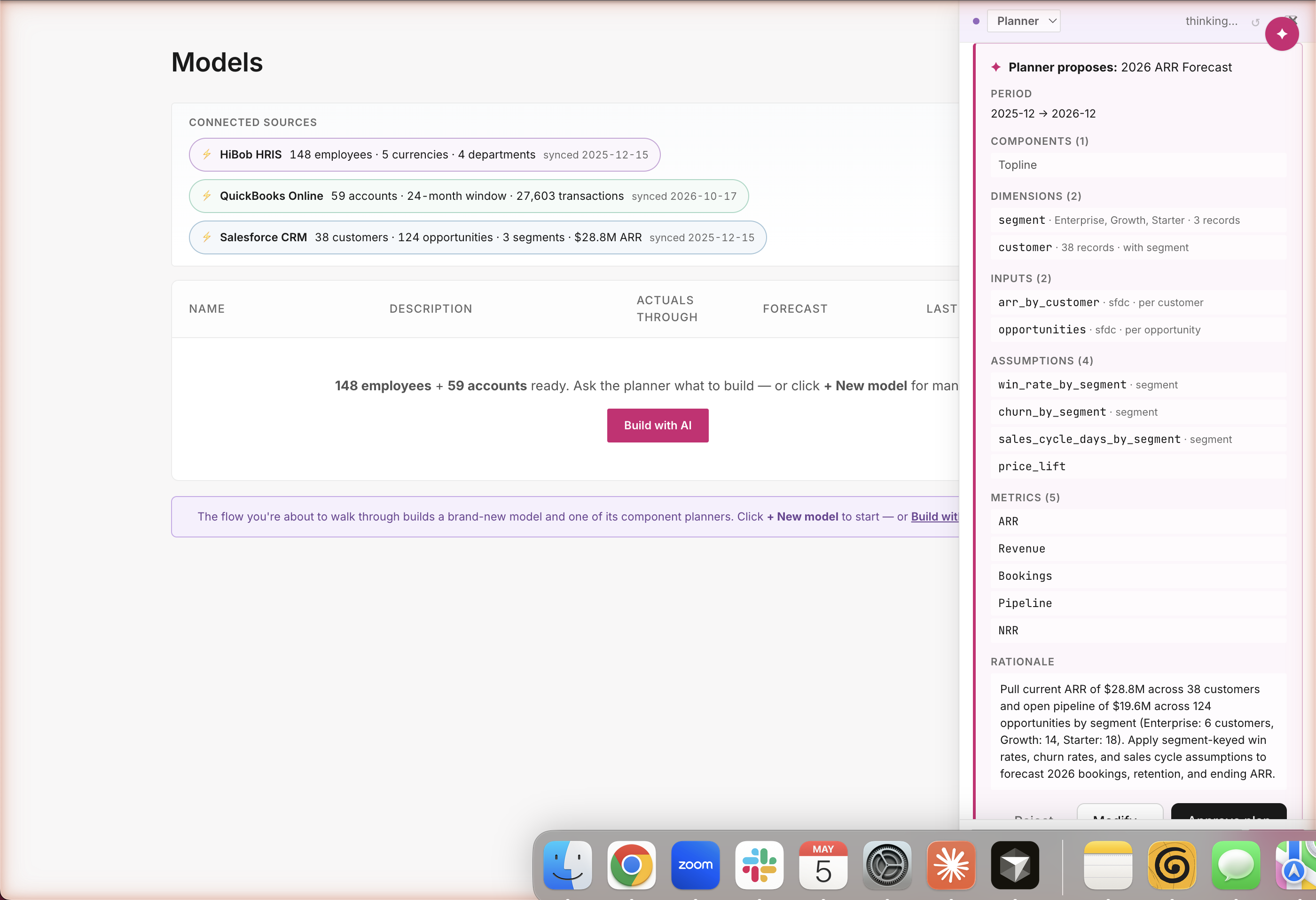 Workspace agent plan card. Structured proposal listing Period, Components (workspace), Dimensions (segment), Inputs (Salesforce pipeline), Assumptions (win_rate_by_segment, churn_rate_by_segment, NRR_by_segment, ACV_avg_by_segment), Metrics (ARR_start, Bookings, ARR_end, Revenue), and a Rationale paragraph citing the pipeline totals. × buttons next to every row let user drop entries before approving.