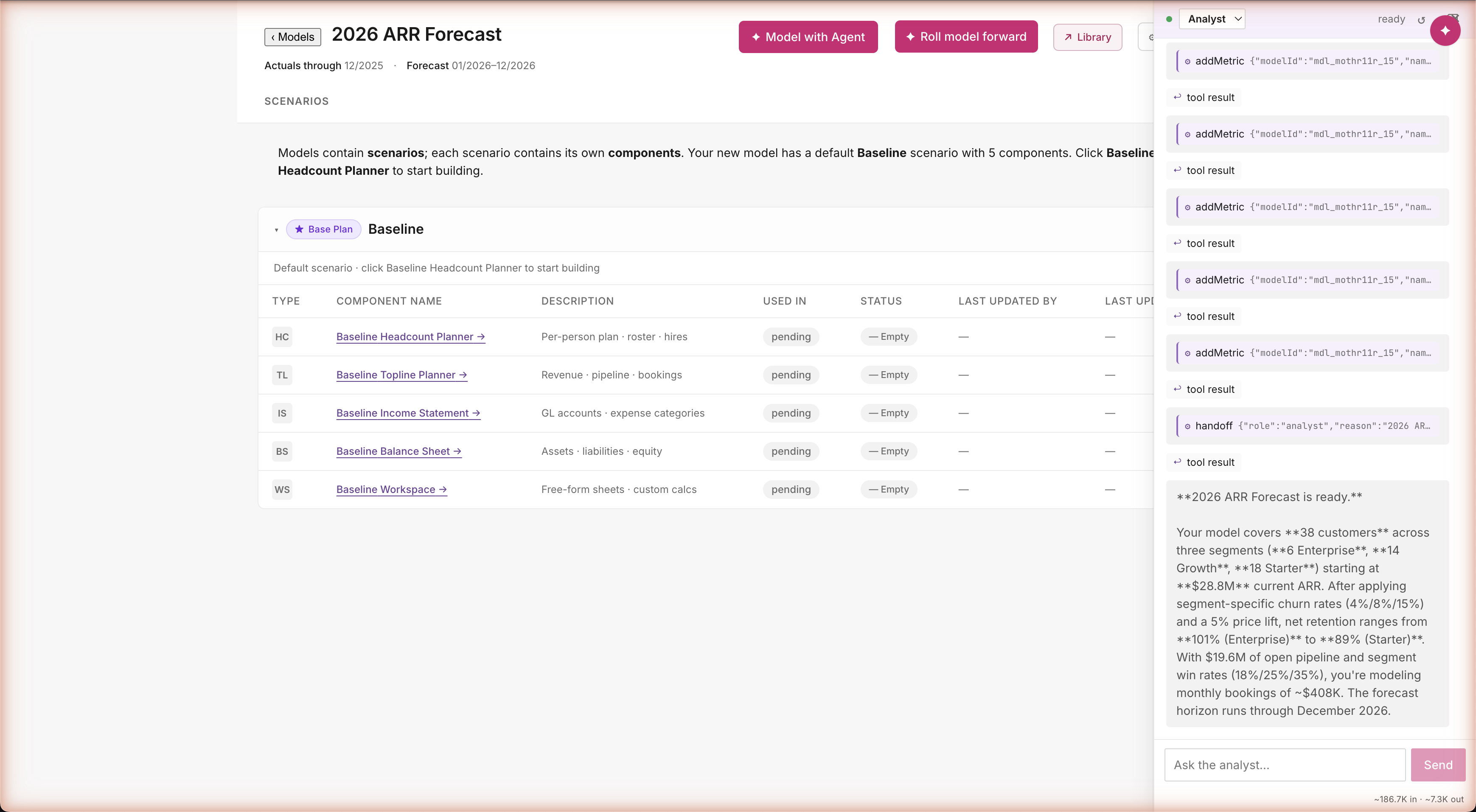 Analyst closing narration: '2026 ARR Forecast is ready. Your model covers 38 customers across three segments (6 Enterprise, 14 Growth, 18 Starter) starting at $28.8M current ARR. After applying segment-specific churn rates (4%/8%/15%) and a 5% price lift, net retention ranges from 101% (Enterprise) to 89% (Starter). With $19.6M of open pipeline and segment win rates (18%/25%/35%), you're modeling monthly bookings of ~$408K. The forecast horizon runs through December 2026.' · ~187K in / ~7.3K out