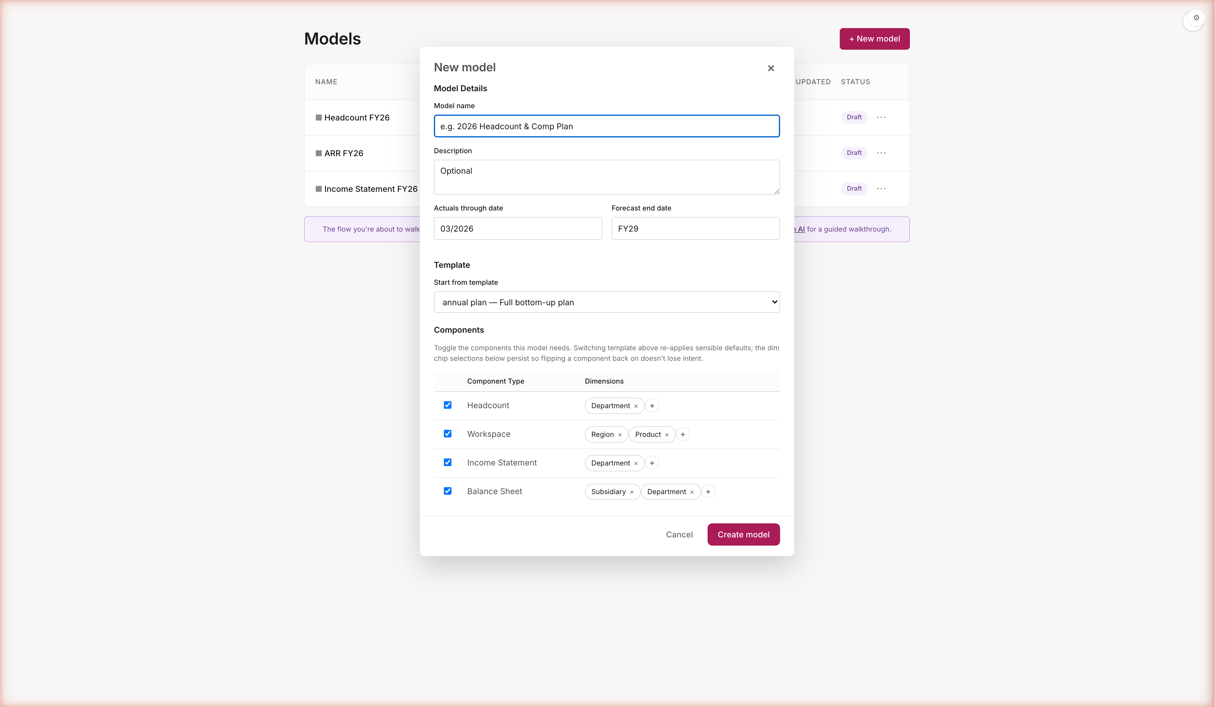 New model dialog with the four-component picker visible: Headcount enabled with Department dim chip; Workspace enabled with Region and Product chips; Income Statement enabled with Department chip; Balance Sheet enabled with Subsidiary and Department chips. + buttons on each row let users add Location, CostCenter, Project. Template select set to 'annual_plan — Full bottom-up plan'. Cancel and Create model buttons.
