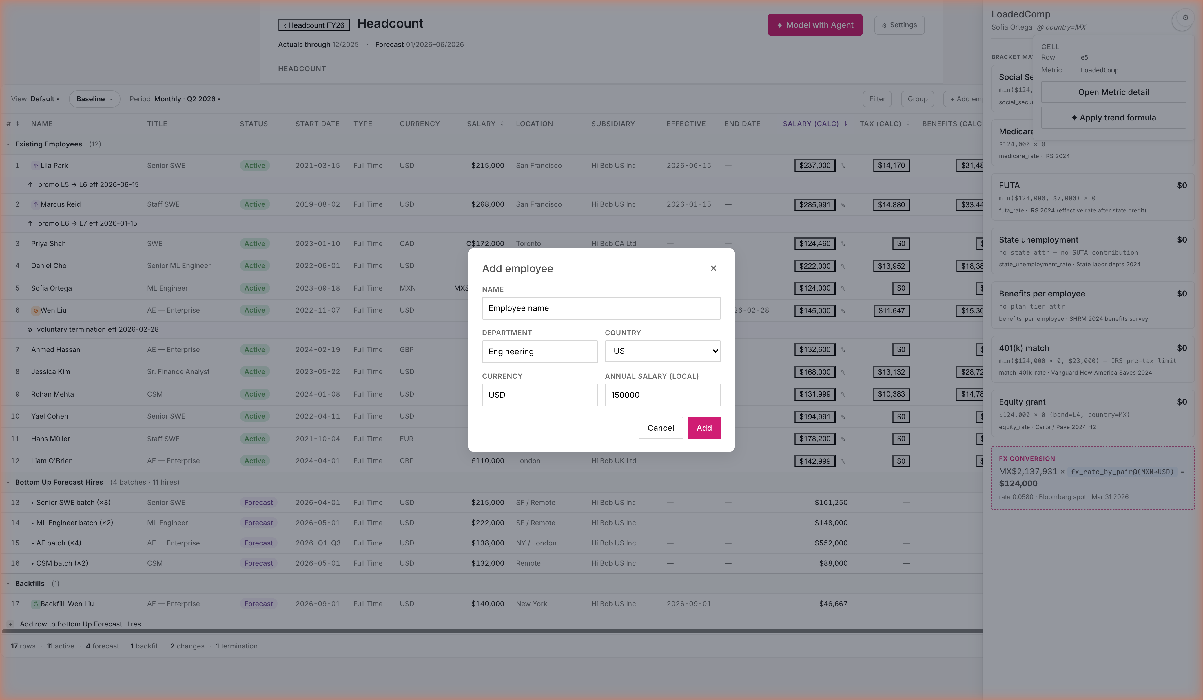 Add employee dialog open over the headcount roster. Fields: Name, Department (Engineering), Country (US), Currency (USD), Annual salary local (150000). Cancel and Add buttons. Roster behind shows full multi-entity employee list.